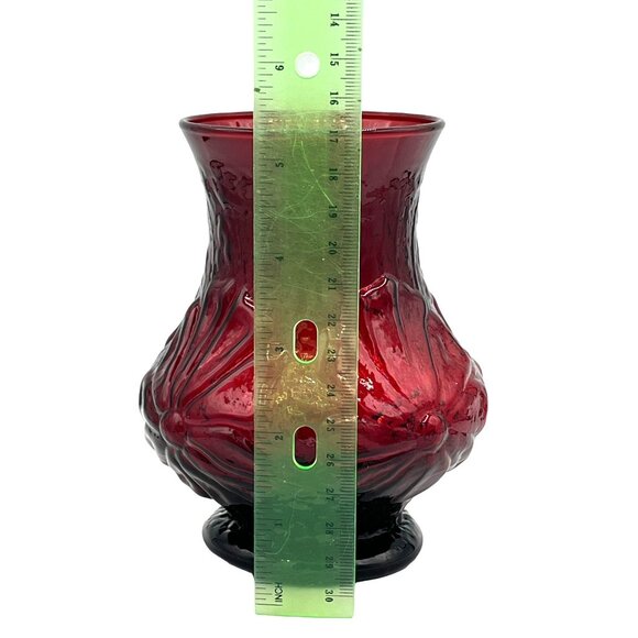 Vintage Anchor Hocking Ruby Red Glass Vase 5 1/4" Tall Floral Design Textured - Picture 6 of 7